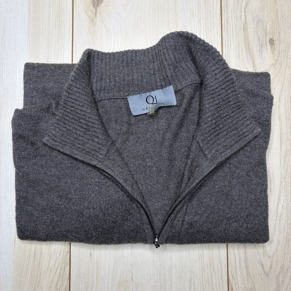 Qi New York Brown Cashmere Wool 1/4 Zip Knit Sweater Men's Size XL Pullover